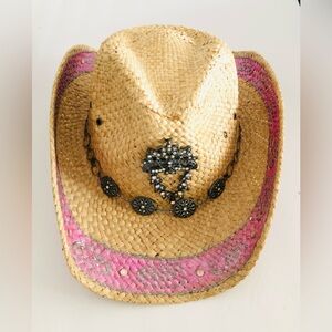 🔥 Peter Grimm Straw Embellished Cowboy Hat with Pink Trim